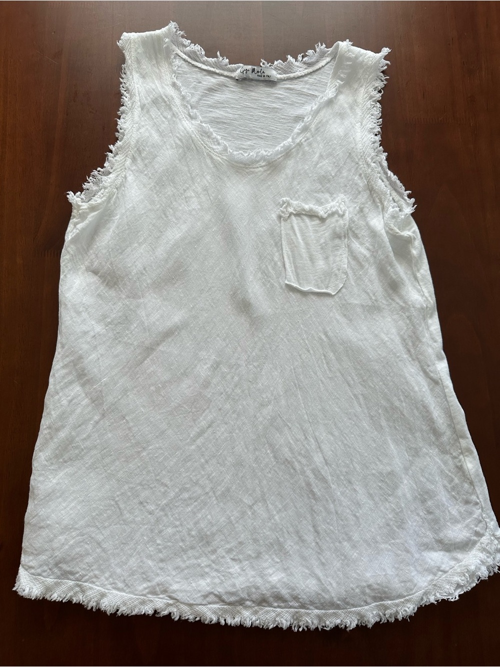 Gigi Moda White Frayed-Edge Tank Top with Chest Pocket